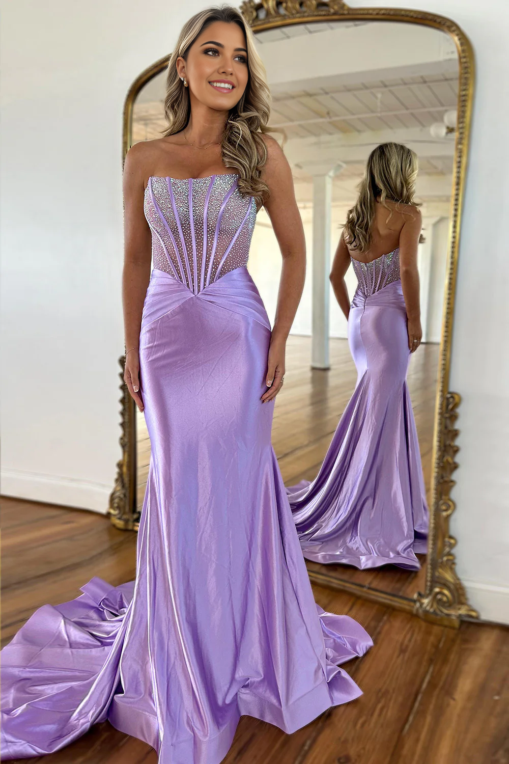 Mermaid Strapsless Beaded Top Long Satin formal dresses evening dress Prom Dresses